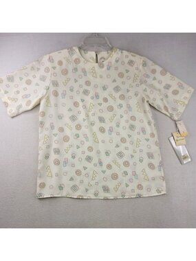 Vintage 80s Yves St Clair Blouse 10 White Multi Geometric Retro Casual Pop Art